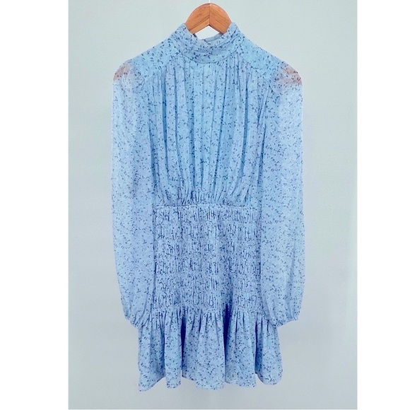 House of Harlow SHONA JOY Mock Neck Flowy Smocked Mini Dress Coquette SIZE LARGE - Picture 2 of 10